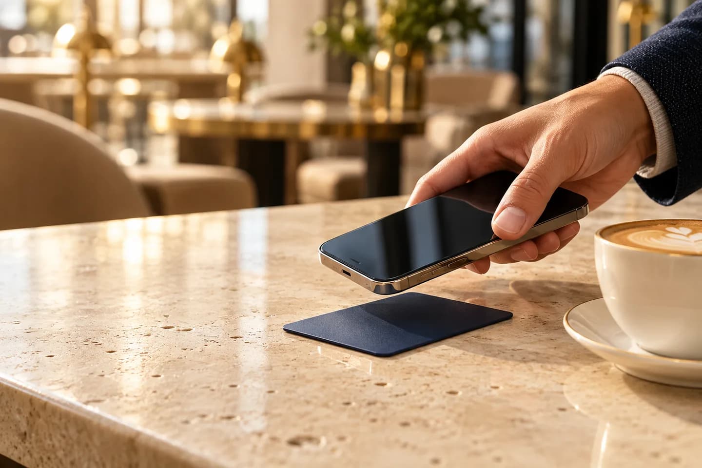 Escena ilustrativa: un teléfono cerca de una tarjeta NFC en una cafetería